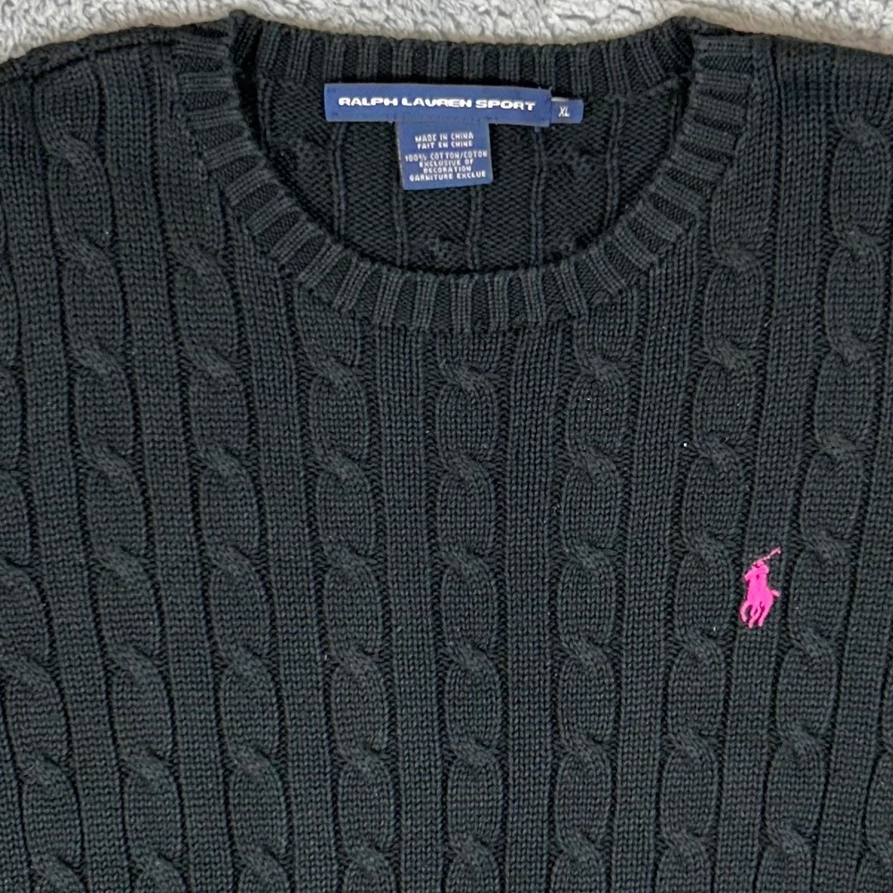 Ralph Lauren Sport Black Cable Knit Cotton Sweater Pink Pony XL